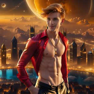 The Men of the Golden City is a collection of AI generated images of beautiful, glamorous, handsome guys in the heavens. The heavenly landscape evokes a sense of magnificence, the majestic gothic architecture, is detailed and crafted to create an atmosphere of reverence and divine glory. The mystical and galactic landscape highlights the golden city. The great detail of the city and the billowing clouds. A golden river flows from the city to the end of the galaxy. The vast galaxy almost covers the image. The stars and constellations sparkle in the galaxy. The city has massive, magnificent, majestic gothic architecture.