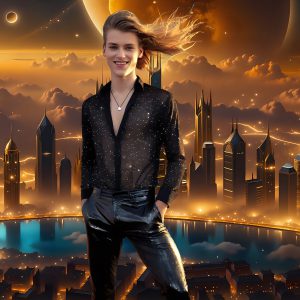 The Men of the Golden City is a collection of AI generated images of beautiful, glamorous, handsome guys in the heavens. The heavenly landscape evokes a sense of magnificence, the majestic gothic architecture, is detailed and crafted to create an atmosphere of reverence and divine glory. The mystical and galactic landscape highlights the golden city. The great detail of the city and the billowing clouds. A golden river flows from the city to the end of the galaxy. The vast galaxy almost covers the image. The stars and constellations sparkle in the galaxy. The city has massive, magnificent, majestic gothic architecture.