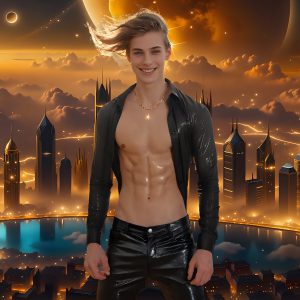 The Men of the Golden City is a collection of AI generated images of beautiful, glamorous, handsome guys in the heavens. The heavenly landscape evokes a sense of magnificence, the majestic gothic architecture, is detailed and crafted to create an atmosphere of reverence and divine glory. The mystical and galactic landscape highlights the golden city. The great detail of the city and the billowing clouds. A golden river flows from the city to the end of the galaxy. The vast galaxy almost covers the image. The stars and constellations sparkle in the galaxy. The city has massive, magnificent, majestic gothic architecture.