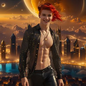 The Men of the Golden City is a collection of AI generated images of beautiful, glamorous, handsome guys in the heavens. The heavenly landscape evokes a sense of magnificence, the majestic gothic architecture, is detailed and crafted to create an atmosphere of reverence and divine glory. The mystical and galactic landscape highlights the golden city. The great detail of the city and the billowing clouds. A golden river flows from the city to the end of the galaxy. The vast galaxy almost covers the image. The stars and constellations sparkle in the galaxy. The city has massive, magnificent, majestic gothic architecture.
