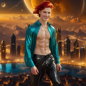 The Men of the Golden City is a collection of AI generated images of beautiful, glamorous, handsome guys in the heavens. The heavenly landscape evokes a sense of magnificence, the majestic gothic architecture, is detailed and crafted to create an atmosphere of reverence and divine glory. The mystical and galactic landscape highlights the golden city. The great detail of the city and the billowing clouds. A golden river flows from the city to the end of the galaxy. The vast galaxy almost covers the image. The stars and constellations sparkle in the galaxy. The city has massive, magnificent, majestic gothic architecture.