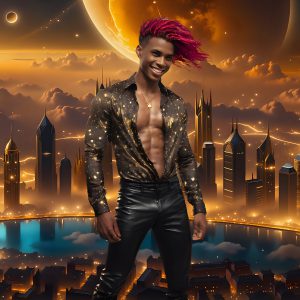 The Men of the Golden City is a collection of AI generated images of beautiful, glamorous, handsome guys in the heavens. The heavenly landscape evokes a sense of magnificence, the majestic gothic architecture, is detailed and crafted to create an atmosphere of reverence and divine glory. The mystical and galactic landscape highlights the golden city. The great detail of the city and the billowing clouds. A golden river flows from the city to the end of the galaxy. The vast galaxy almost covers the image. The stars and constellations sparkle in the galaxy. The city has massive, magnificent, majestic gothic architecture.