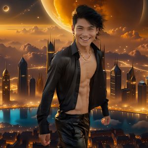 The Men of the Golden City is a collection of AI generated images of beautiful, glamorous, handsome guys in the heavens. The heavenly landscape evokes a sense of magnificence, the majestic gothic architecture, is detailed and crafted to create an atmosphere of reverence and divine glory. The mystical and galactic landscape highlights the golden city. The great detail of the city and the billowing clouds. A golden river flows from the city to the end of the galaxy. The vast galaxy almost covers the image. The stars and constellations sparkle in the galaxy. The city has massive, magnificent, majestic gothic architecture.