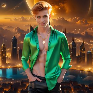 The Men of the Golden City is a collection of AI generated images of beautiful, glamorous, handsome guys in the heavens. The heavenly landscape evokes a sense of magnificence, the majestic gothic architecture, is detailed and crafted to create an atmosphere of reverence and divine glory. The mystical and galactic landscape highlights the golden city. The great detail of the city and the billowing clouds. A golden river flows from the city to the end of the galaxy. The vast galaxy almost covers the image. The stars and constellations sparkle in the galaxy. The city has massive, magnificent, majestic gothic architecture.