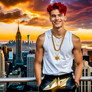 The Men of the Golden City is a collection of AI generated images of beautiful, glamorous, handsome guys in the heavens. The heavenly landscape evokes a sense of magnificence, the majestic gothic architecture, is detailed and crafted to create an atmosphere of reverence and divine glory. The mystical and galactic landscape highlights the golden city. The great detail of the city and the billowing clouds. A golden river flows from the city to the end of the galaxy. The vast galaxy almost covers the image. The stars and constellations sparkle in the galaxy. The city has massive, magnificent, majestic gothic architecture.