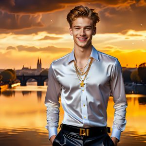 The Men of the Golden City is a collection of AI generated images of beautiful, glamorous, handsome guys in the heavens. The heavenly landscape evokes a sense of magnificence, the majestic gothic architecture, is detailed and crafted to create an atmosphere of reverence and divine glory. The mystical and galactic landscape highlights the golden city. The great detail of the city and the billowing clouds. A golden river flows from the city to the end of the galaxy. The vast galaxy almost covers the image. The stars and constellations sparkle in the galaxy. The city has massive, magnificent, majestic gothic architecture.