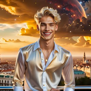 The Men of the Golden City is a collection of AI generated images of beautiful, glamorous, handsome guys in the heavens. The heavenly landscape evokes a sense of magnificence, the majestic gothic architecture, is detailed and crafted to create an atmosphere of reverence and divine glory. The mystical and galactic landscape highlights the golden city. The great detail of the city and the billowing clouds. A golden river flows from the city to the end of the galaxy. The vast galaxy almost covers the image. The stars and constellations sparkle in the galaxy. The city has massive, magnificent, majestic gothic architecture.