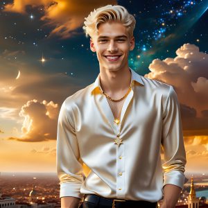The Men of the Golden City is a collection of AI generated images of beautiful, glamorous, handsome guys in the heavens. The heavenly landscape evokes a sense of magnificence, the majestic gothic architecture, is detailed and crafted to create an atmosphere of reverence and divine glory. The mystical and galactic landscape highlights the golden city. The great detail of the city and the billowing clouds. A golden river flows from the city to the end of the galaxy. The vast galaxy almost covers the image. The stars and constellations sparkle in the galaxy. The city has massive, magnificent, majestic gothic architecture.