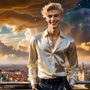 The Men of the Golden City is a collection of AI generated images of beautiful, glamorous, handsome guys in the heavens. The heavenly landscape evokes a sense of magnificence, the majestic gothic architecture, is detailed and crafted to create an atmosphere of reverence and divine glory. The mystical and galactic landscape highlights the golden city. The great detail of the city and the billowing clouds. A golden river flows from the city to the end of the galaxy. The vast galaxy almost covers the image. The stars and constellations sparkle in the galaxy. The city has massive, magnificent, majestic gothic architecture.