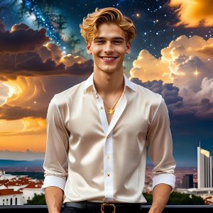 The Men of the Golden City is a collection of AI generated images of beautiful, glamorous, handsome guys in the heavens. The heavenly landscape evokes a sense of magnificence, the majestic gothic architecture, is detailed and crafted to create an atmosphere of reverence and divine glory. The mystical and galactic landscape highlights the golden city. The great detail of the city and the billowing clouds. A golden river flows from the city to the end of the galaxy. The vast galaxy almost covers the image. The stars and constellations sparkle in the galaxy. The city has massive, magnificent, majestic gothic architecture.