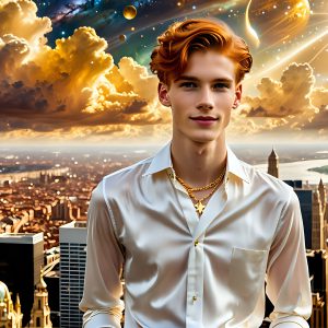 The Men of the Golden City is a collection of AI generated images of beautiful, glamorous, handsome guys in the heavens. The heavenly landscape evokes a sense of magnificence, the majestic gothic architecture, is detailed and crafted to create an atmosphere of reverence and divine glory. The mystical and galactic landscape highlights the golden city. The great detail of the city and the billowing clouds. A golden river flows from the city to the end of the galaxy. The vast galaxy almost covers the image. The stars and constellations sparkle in the galaxy. The city has massive, magnificent, majestic gothic architecture.