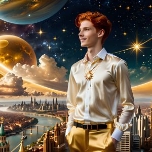 The Men of the Golden City is a collection of AI generated images of beautiful, glamorous, handsome guys in the heavens. The heavenly landscape evokes a sense of magnificence, the majestic gothic architecture, is detailed and crafted to create an atmosphere of reverence and divine glory. The mystical and galactic landscape highlights the golden city. The great detail of the city and the billowing clouds. A golden river flows from the city to the end of the galaxy. The vast galaxy almost covers the image. The stars and constellations sparkle in the galaxy. The city has massive, magnificent, majestic gothic architecture.