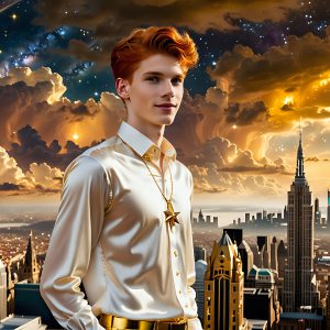 The Men of the Golden City is a collection of AI generated images of beautiful, glamorous, handsome guys in the heavens. The heavenly landscape evokes a sense of magnificence, the majestic gothic architecture, is detailed and crafted to create an atmosphere of reverence and divine glory. The mystical and galactic landscape highlights the golden city. The great detail of the city and the billowing clouds. A golden river flows from the city to the end of the galaxy. The vast galaxy almost covers the image. The stars and constellations sparkle in the galaxy. The city has massive, magnificent, majestic gothic architecture.