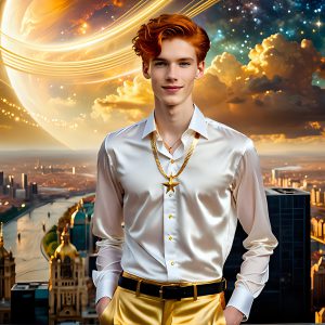 The Men of the Golden City is a collection of AI generated images of beautiful, glamorous, handsome guys in the heavens. The heavenly landscape evokes a sense of magnificence, the majestic gothic architecture, is detailed and crafted to create an atmosphere of reverence and divine glory. The mystical and galactic landscape highlights the golden city. The great detail of the city and the billowing clouds. A golden river flows from the city to the end of the galaxy. The vast galaxy almost covers the image. The stars and constellations sparkle in the galaxy. The city has massive, magnificent, majestic gothic architecture.