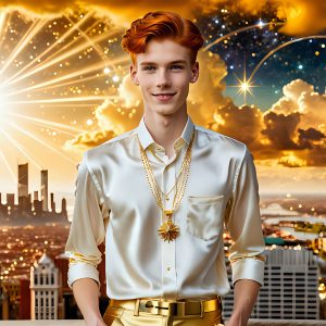 The Men of the Golden City is a collection of AI generated images of beautiful, glamorous, handsome guys in the heavens. The heavenly landscape evokes a sense of magnificence, the majestic gothic architecture, is detailed and crafted to create an atmosphere of reverence and divine glory. The mystical and galactic landscape highlights the golden city. The great detail of the city and the billowing clouds. A golden river flows from the city to the end of the galaxy. The vast galaxy almost covers the image. The stars and constellations sparkle in the galaxy. The city has massive, magnificent, majestic gothic architecture.