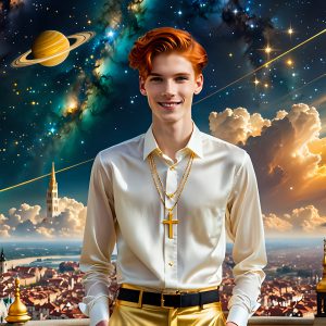 The Men of the Golden City is a collection of AI generated images of beautiful, glamorous, handsome guys in the heavens. The heavenly landscape evokes a sense of magnificence, the majestic gothic architecture, is detailed and crafted to create an atmosphere of reverence and divine glory. The mystical and galactic landscape highlights the golden city. The great detail of the city and the billowing clouds. A golden river flows from the city to the end of the galaxy. The vast galaxy almost covers the image. The stars and constellations sparkle in the galaxy. The city has massive, magnificent, majestic gothic architecture.