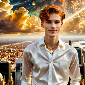 The Men of the Golden City is a collection of AI generated images of beautiful, glamorous, handsome guys in the heavens. The heavenly landscape evokes a sense of magnificence, the majestic gothic architecture, is detailed and crafted to create an atmosphere of reverence and divine glory. The mystical and galactic landscape highlights the golden city. The great detail of the city and the billowing clouds. A golden river flows from the city to the end of the galaxy. The vast galaxy almost covers the image. The stars and constellations sparkle in the galaxy. The city has massive, magnificent, majestic gothic architecture.