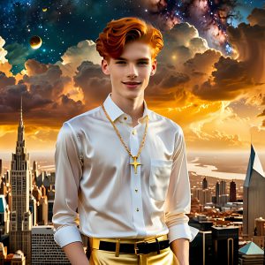 The Men of the Golden City is a collection of AI generated images of beautiful, glamorous, handsome guys in the heavens. The heavenly landscape evokes a sense of magnificence, the majestic gothic architecture, is detailed and crafted to create an atmosphere of reverence and divine glory. The mystical and galactic landscape highlights the golden city. The great detail of the city and the billowing clouds. A golden river flows from the city to the end of the galaxy. The vast galaxy almost covers the image. The stars and constellations sparkle in the galaxy. The city has massive, magnificent, majestic gothic architecture.