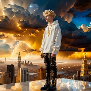 The Men of the Golden City is a collection of AI generated images of beautiful, glamorous, handsome guys in the heavens. The heavenly landscape evokes a sense of magnificence, the majestic gothic architecture, is detailed and crafted to create an atmosphere of reverence and divine glory. The mystical and galactic landscape highlights the golden city. The great detail of the city and the billowing clouds. A golden river flows from the city to the end of the galaxy. The vast galaxy almost covers the image. The stars and constellations sparkle in the galaxy. The city has massive, magnificent, majestic gothic architecture.