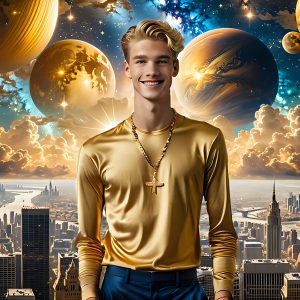 The Men of the Golden City is a collection of AI generated images of beautiful, glamorous, handsome guys in the heavens. The heavenly landscape evokes a sense of magnificence, the majestic gothic architecture, is detailed and crafted to create an atmosphere of reverence and divine glory. The mystical and galactic landscape highlights the golden city. The great detail of the city and the billowing clouds. A golden river flows from the city to the end of the galaxy. The vast galaxy almost covers the image. The stars and constellations sparkle in the galaxy. The city has massive, magnificent, majestic gothic architecture.