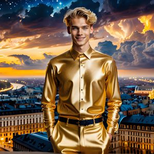 The Men of the Golden City is a collection of AI generated images of beautiful, glamorous, handsome guys in the heavens. The heavenly landscape evokes a sense of magnificence, the majestic gothic architecture, is detailed and crafted to create an atmosphere of reverence and divine glory. The mystical and galactic landscape highlights the golden city. The great detail of the city and the billowing clouds. A golden river flows from the city to the end of the galaxy. The vast galaxy almost covers the image. The stars and constellations sparkle in the galaxy. The city has massive, magnificent, majestic gothic architecture.