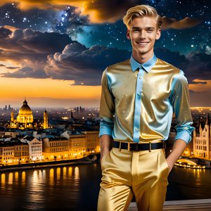 The Men of the Golden City is a collection of AI generated images of beautiful, glamorous, handsome guys in the heavens. The heavenly landscape evokes a sense of magnificence, the majestic gothic architecture, is detailed and crafted to create an atmosphere of reverence and divine glory. The mystical and galactic landscape highlights the golden city. The great detail of the city and the billowing clouds. A golden river flows from the city to the end of the galaxy. The vast galaxy almost covers the image. The stars and constellations sparkle in the galaxy. The city has massive, magnificent, majestic gothic architecture.