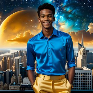 The Men of the Golden City is a collection of AI generated images of beautiful, glamorous, handsome guys in the heavens. The heavenly landscape evokes a sense of magnificence, the majestic gothic architecture, is detailed and crafted to create an atmosphere of reverence and divine glory. The mystical and galactic landscape highlights the golden city. The great detail of the city and the billowing clouds. A golden river flows from the city to the end of the galaxy. The vast galaxy almost covers the image. The stars and constellations sparkle in the galaxy. The city has massive, magnificent, majestic gothic architecture.