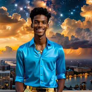 The Men of the Golden City is a collection of AI generated images of beautiful, glamorous, handsome guys in the heavens. The heavenly landscape evokes a sense of magnificence, the majestic gothic architecture, is detailed and crafted to create an atmosphere of reverence and divine glory. The mystical and galactic landscape highlights the golden city. The great detail of the city and the billowing clouds. A golden river flows from the city to the end of the galaxy. The vast galaxy almost covers the image. The stars and constellations sparkle in the galaxy. The city has massive, magnificent, majestic gothic architecture.