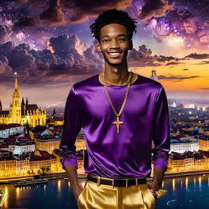 The Men of the Golden City is a collection of AI generated images of beautiful, glamorous, handsome guys in the heavens. The heavenly landscape evokes a sense of magnificence, the majestic gothic architecture, is detailed and crafted to create an atmosphere of reverence and divine glory. The mystical and galactic landscape highlights the golden city. The great detail of the city and the billowing clouds. A golden river flows from the city to the end of the galaxy. The vast galaxy almost covers the image. The stars and constellations sparkle in the galaxy. The city has massive, magnificent, majestic gothic architecture.