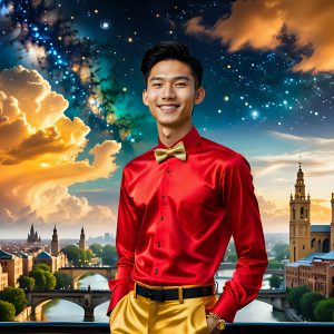 The Men of the Golden City is a collection of AI generated images of beautiful, glamorous, handsome guys in the heavens. The heavenly landscape evokes a sense of magnificence, the majestic gothic architecture, is detailed and crafted to create an atmosphere of reverence and divine glory. The mystical and galactic landscape highlights the golden city. The great detail of the city and the billowing clouds. A golden river flows from the city to the end of the galaxy. The vast galaxy almost covers the image. The stars and constellations sparkle in the galaxy. The city has massive, magnificent, majestic gothic architecture.