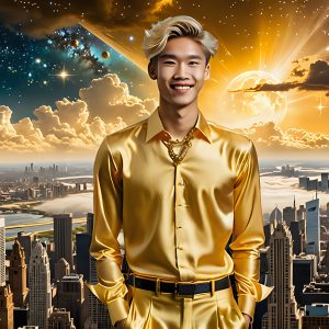 The Men of the Golden City is a collection of AI generated images of beautiful, glamorous, handsome guys in the heavens. The heavenly landscape evokes a sense of magnificence, the majestic gothic architecture, is detailed and crafted to create an atmosphere of reverence and divine glory. The mystical and galactic landscape highlights the golden city. The great detail of the city and the billowing clouds. A golden river flows from the city to the end of the galaxy. The vast galaxy almost covers the image. The stars and constellations sparkle in the galaxy. The city has massive, magnificent, majestic gothic architecture.