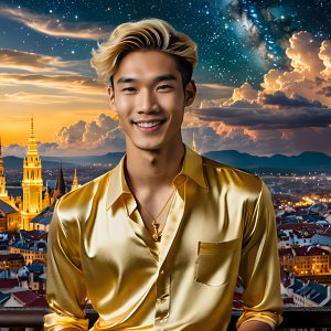 The Men of the Golden City is a collection of AI generated images of beautiful, glamorous, handsome guys in the heavens. The heavenly landscape evokes a sense of magnificence, the majestic gothic architecture, is detailed and crafted to create an atmosphere of reverence and divine glory. The mystical and galactic landscape highlights the golden city. The great detail of the city and the billowing clouds. A golden river flows from the city to the end of the galaxy. The vast galaxy almost covers the image. The stars and constellations sparkle in the galaxy. The city has massive, magnificent, majestic gothic architecture.