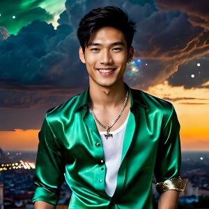 The Men of the Golden City is a collection of AI generated images of beautiful, glamorous, handsome guys in the heavens. The heavenly landscape evokes a sense of magnificence, the majestic gothic architecture, is detailed and crafted to create an atmosphere of reverence and divine glory. The mystical and galactic landscape highlights the golden city. The great detail of the city and the billowing clouds. A golden river flows from the city to the end of the galaxy. The vast galaxy almost covers the image. The stars and constellations sparkle in the galaxy. The city has massive, magnificent, majestic gothic architecture.