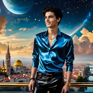 The Men of the Golden City is a collection of AI generated images of beautiful, glamorous, handsome guys in the heavens. The heavenly landscape evokes a sense of magnificence, the majestic gothic architecture, is detailed and crafted to create an atmosphere of reverence and divine glory. The mystical and galactic landscape highlights the golden city. The great detail of the city and the billowing clouds. A golden river flows from the city to the end of the galaxy. The vast galaxy almost covers the image. The stars and constellations sparkle in the galaxy. The city has massive, magnificent, majestic gothic architecture.