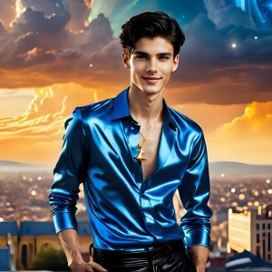 The Men of the Golden City is a collection of AI generated images of beautiful, glamorous, handsome guys in the heavens. The heavenly landscape evokes a sense of magnificence, the majestic gothic architecture, is detailed and crafted to create an atmosphere of reverence and divine glory. The mystical and galactic landscape highlights the golden city. The great detail of the city and the billowing clouds. A golden river flows from the city to the end of the galaxy. The vast galaxy almost covers the image. The stars and constellations sparkle in the galaxy. The city has massive, magnificent, majestic gothic architecture.