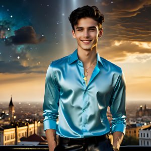 The Men of the Golden City is a collection of AI generated images of beautiful, glamorous, handsome guys in the heavens. The heavenly landscape evokes a sense of magnificence, the majestic gothic architecture, is detailed and crafted to create an atmosphere of reverence and divine glory. The mystical and galactic landscape highlights the golden city. The great detail of the city and the billowing clouds. A golden river flows from the city to the end of the galaxy. The vast galaxy almost covers the image. The stars and constellations sparkle in the galaxy. The city has massive, magnificent, majestic gothic architecture.