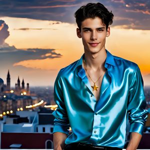 The Men of the Golden City is a collection of AI generated images of beautiful, glamorous, handsome guys in the heavens. The heavenly landscape evokes a sense of magnificence, the majestic gothic architecture, is detailed and crafted to create an atmosphere of reverence and divine glory. The mystical and galactic landscape highlights the golden city. The great detail of the city and the billowing clouds. A golden river flows from the city to the end of the galaxy. The vast galaxy almost covers the image. The stars and constellations sparkle in the galaxy. The city has massive, magnificent, majestic gothic architecture.