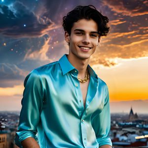 The Men of the Golden City is a collection of AI generated images of beautiful, glamorous, handsome guys in the heavens. The heavenly landscape evokes a sense of magnificence, the majestic gothic architecture, is detailed and crafted to create an atmosphere of reverence and divine glory. The mystical and galactic landscape highlights the golden city. The great detail of the city and the billowing clouds. A golden river flows from the city to the end of the galaxy. The vast galaxy almost covers the image. The stars and constellations sparkle in the galaxy. The city has massive, magnificent, majestic gothic architecture.