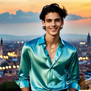 The Men of the Golden City is a collection of AI generated images of beautiful, glamorous, handsome guys in the heavens. The heavenly landscape evokes a sense of magnificence, the majestic gothic architecture, is detailed and crafted to create an atmosphere of reverence and divine glory. The mystical and galactic landscape highlights the golden city. The great detail of the city and the billowing clouds. A golden river flows from the city to the end of the galaxy. The vast galaxy almost covers the image. The stars and constellations sparkle in the galaxy. The city has massive, magnificent, majestic gothic architecture.