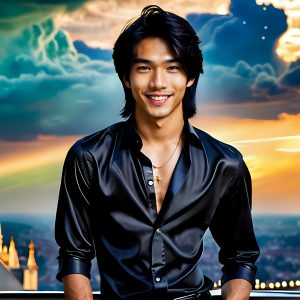 The Men of the Golden City is a collection of AI generated images of beautiful, glamorous, handsome guys in the heavens. The heavenly landscape evokes a sense of magnificence, the majestic gothic architecture, is detailed and crafted to create an atmosphere of reverence and divine glory. The mystical and galactic landscape highlights the golden city. The great detail of the city and the billowing clouds. A golden river flows from the city to the end of the galaxy. The vast galaxy almost covers the image. The stars and constellations sparkle in the galaxy. The city has massive, magnificent, majestic gothic architecture.