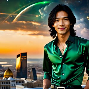 The Men of the Golden City is a collection of AI generated images of beautiful, glamorous, handsome guys in the heavens. The heavenly landscape evokes a sense of magnificence, the majestic gothic architecture, is detailed and crafted to create an atmosphere of reverence and divine glory. The mystical and galactic landscape highlights the golden city. The great detail of the city and the billowing clouds. A golden river flows from the city to the end of the galaxy. The vast galaxy almost covers the image. The stars and constellations sparkle in the galaxy. The city has massive, magnificent, majestic gothic architecture.