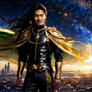 The Men of the Golden City is a collection of AI generated images of beautiful, glamorous, handsome guys in the heavens. The heavenly landscape evokes a sense of magnificence, the majestic gothic architecture, is detailed and crafted to create an atmosphere of reverence and divine glory. The mystical and galactic landscape highlights the golden city. The great detail of the city and the billowing clouds. A golden river flows from the city to the end of the galaxy. The vast galaxy almost covers the image. The stars and constellations sparkle in the galaxy. The city has massive, magnificent, majestic gothic architecture.