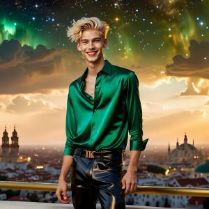 The Men of the Golden City is a collection of AI generated images of beautiful, glamorous, handsome guys in the heavens. The heavenly landscape evokes a sense of magnificence, the majestic gothic architecture, is detailed and crafted to create an atmosphere of reverence and divine glory. The mystical and galactic landscape highlights the golden city. The great detail of the city and the billowing clouds. A golden river flows from the city to the end of the galaxy. The vast galaxy almost covers the image. The stars and constellations sparkle in the galaxy. The city has massive, magnificent, majestic gothic architecture.