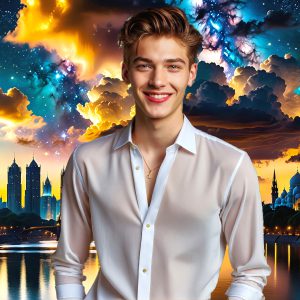 The Beautiful & Handsome Men of the Golden City, is a collection of AI generated images of sexy, glamorous, handsome guys in the heavens. On a balcony, overlooking a large golden city in the heavens. The heavenly landscape evokes a sense of magnificence, the majestic gothic architecture, is detailed and crafted to create an atmosphere of reverence and divine glory. The mystical and galactic landscape highlights the golden city. The great detail of the city and the billowing clouds. A golden river flows from the city to the end of the galaxy. A breathtaking scene of Salar de Uyuni at sunset, reflecting a vibrant gold hue. The stars and constellations sparkle in the galaxy. The city has massive, magnificent, majestic gothic architecture.