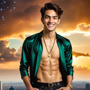 The Beautiful & Handsome Men of the Golden City, is a collection of AI generated images of sexy, glamorous, handsome guys in the heavens. On a balcony, overlooking a large golden city in the heavens. The heavenly landscape evokes a sense of magnificence, the majestic gothic architecture, is detailed and crafted to create an atmosphere of reverence and divine glory. The mystical and galactic landscape highlights the golden city. The great detail of the city and the billowing clouds. A golden river flows from the city to the end of the galaxy. A breathtaking scene of Salar de Uyuni at sunset, reflecting a vibrant gold hue. The stars and constellations sparkle in the galaxy. The city has massive, magnificent, majestic gothic architecture.