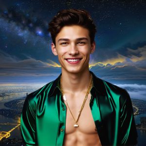 The Beautiful & Handsome Men of the Golden City, is a collection of AI generated images of sexy, glamorous, handsome guys in the heavens. On a balcony, overlooking a large golden city in the heavens. The heavenly landscape evokes a sense of magnificence, the majestic gothic architecture, is detailed and crafted to create an atmosphere of reverence and divine glory. The mystical and galactic landscape highlights the golden city. The great detail of the city and the billowing clouds. A golden river flows from the city to the end of the galaxy. A breathtaking scene of Salar de Uyuni at sunset, reflecting a vibrant gold hue. The stars and constellations sparkle in the galaxy. The city has massive, magnificent, majestic gothic architecture.