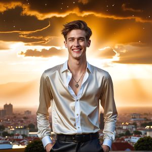 The Beautiful & Handsome Men of the Golden City, is a collection of AI generated images of sexy, glamorous, handsome guys in the heavens. On a balcony, overlooking a large golden city in the heavens. The heavenly landscape evokes a sense of magnificence, the majestic gothic architecture, is detailed and crafted to create an atmosphere of reverence and divine glory. The mystical and galactic landscape highlights the golden city. The great detail of the city and the billowing clouds. A golden river flows from the city to the end of the galaxy. A breathtaking scene of Salar de Uyuni at sunset, reflecting a vibrant gold hue. The stars and constellations sparkle in the galaxy. The city has massive, magnificent, majestic gothic architecture.