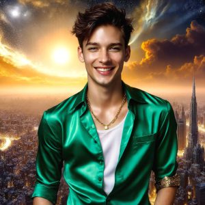 The Beautiful & Handsome Men of the Golden City, is a collection of AI generated images of sexy, glamorous, handsome guys in the heavens. On a balcony, overlooking a large golden city in the heavens. The heavenly landscape evokes a sense of magnificence, the majestic gothic architecture, is detailed and crafted to create an atmosphere of reverence and divine glory. The mystical and galactic landscape highlights the golden city. The great detail of the city and the billowing clouds. A golden river flows from the city to the end of the galaxy. A breathtaking scene of Salar de Uyuni at sunset, reflecting a vibrant gold hue. The stars and constellations sparkle in the galaxy. The city has massive, magnificent, majestic gothic architecture.