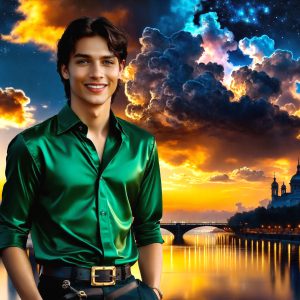 The Beautiful & Handsome Men of the Golden City, is a collection of AI generated images of sexy, glamorous, handsome guys in the heavens. On a balcony, overlooking a large golden city in the heavens. The heavenly landscape evokes a sense of magnificence, the majestic gothic architecture, is detailed and crafted to create an atmosphere of reverence and divine glory. The mystical and galactic landscape highlights the golden city. The great detail of the city and the billowing clouds. A golden river flows from the city to the end of the galaxy. A breathtaking scene of Salar de Uyuni at sunset, reflecting a vibrant gold hue. The stars and constellations sparkle in the galaxy. The city has massive, magnificent, majestic gothic architecture.