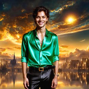 The Beautiful & Handsome Men of the Golden City, is a collection of AI generated images of sexy, glamorous, handsome guys in the heavens. On a balcony, overlooking a large golden city in the heavens. The heavenly landscape evokes a sense of magnificence, the majestic gothic architecture, is detailed and crafted to create an atmosphere of reverence and divine glory. The mystical and galactic landscape highlights the golden city. The great detail of the city and the billowing clouds. A golden river flows from the city to the end of the galaxy. A breathtaking scene of Salar de Uyuni at sunset, reflecting a vibrant gold hue. The stars and constellations sparkle in the galaxy. The city has massive, magnificent, majestic gothic architecture.